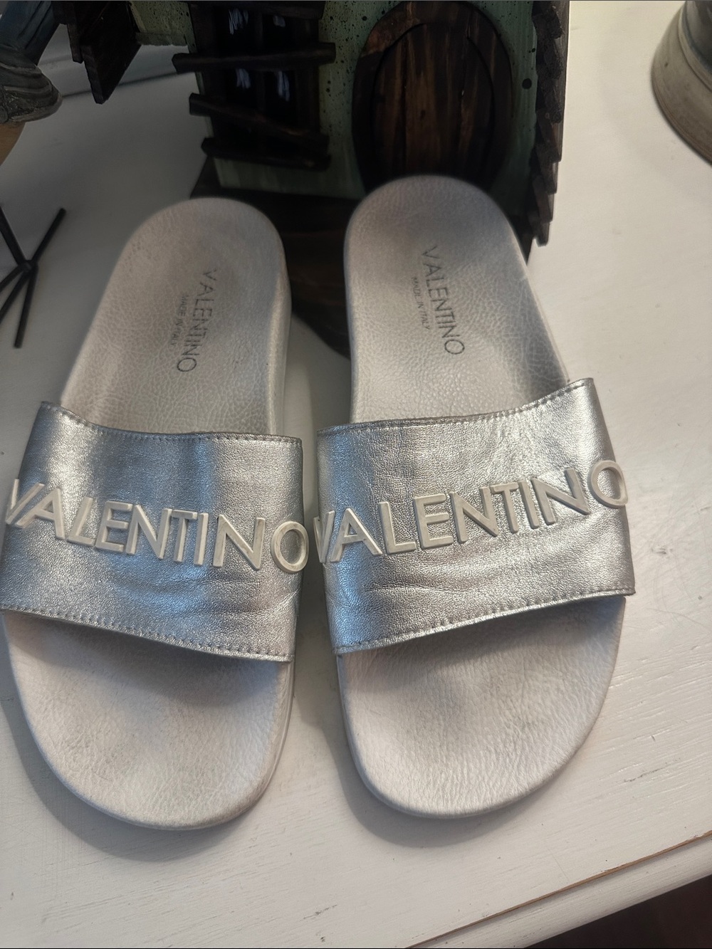 Valentino Silver Leather Slides 40